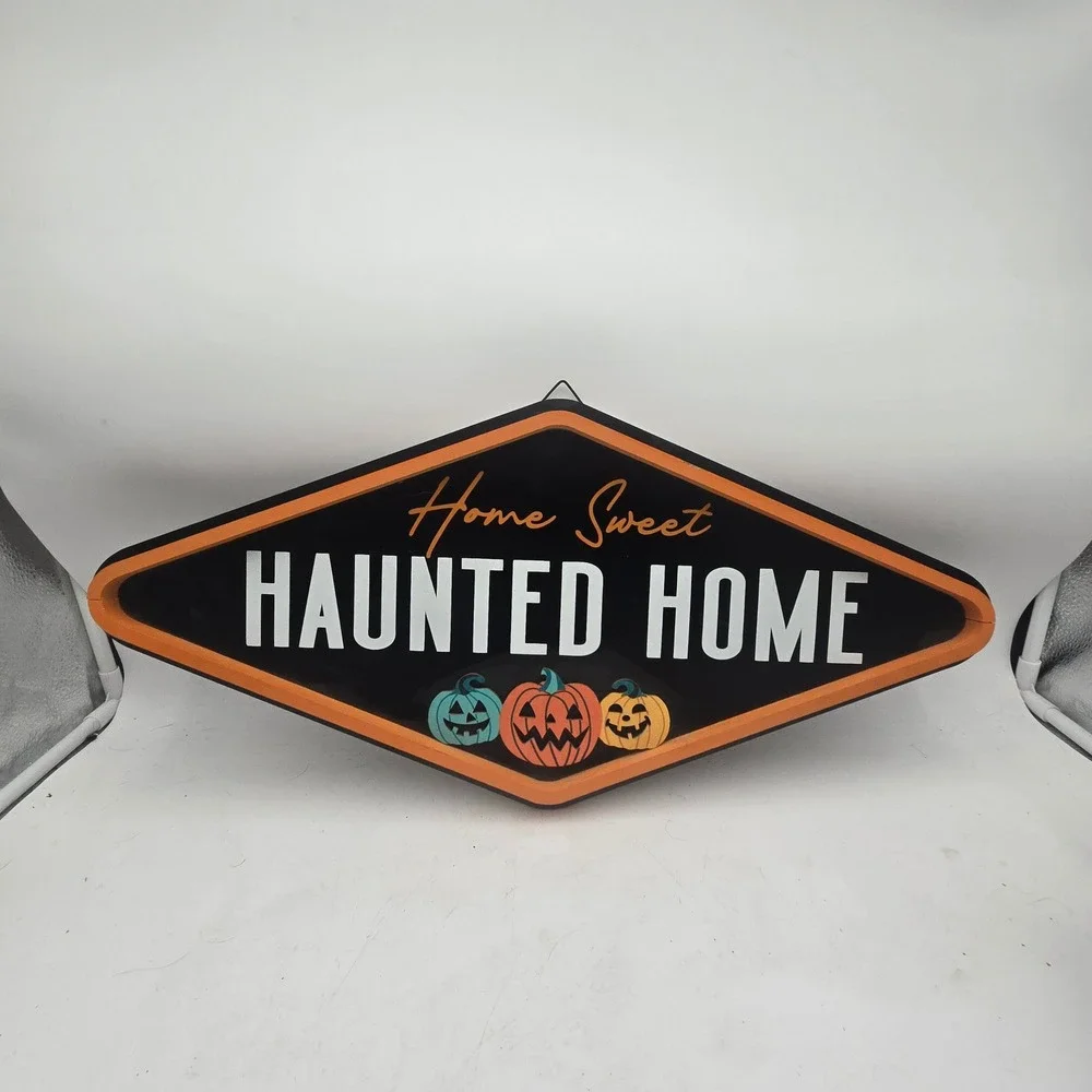 Home Sweet Haunted Home Diamond Wood Sign Halloween Wall Decor Pumpkins